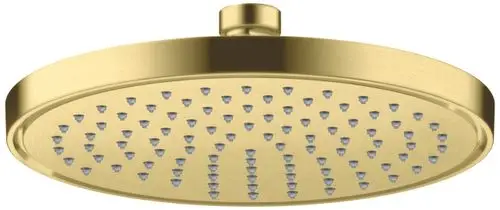 Kopfbrause in Brushed Brass von AXOR mit runder Form und gleichmäßig angeordneten Düsen für eine gleichmäßige Wasserverteilung.